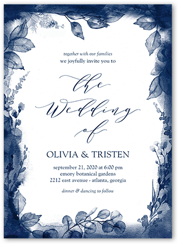 Dusky Botanicals Wedding Invitation, Blue, 5x7, Standard Smooth Cardstock, Square