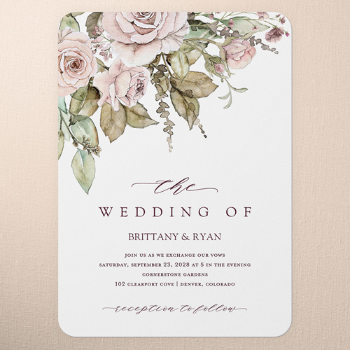 Rose Bouquet Wedding Invitation, Pink, 5x7 Flat, Pearl Shimmer Cardstock, Rounded