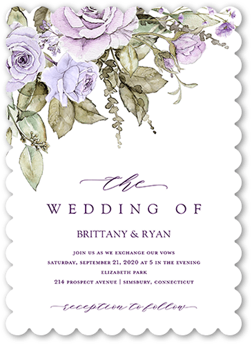 Rose Bouquet Wedding Invitation, Purple, 5x7 Flat, Pearl Shimmer Cardstock, Scallop, White