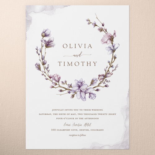 Blossoms of Love Wedding Invitation, Purple, 5x7 Flat, Matte, Signature Smooth Cardstock, Square