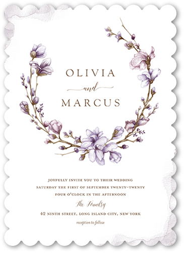 Blossoms of Love Wedding Invitation, Purple, 5x7 Flat, Matte, Signature Smooth Cardstock, Scallop