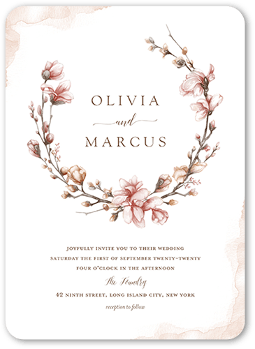 Blossoms of Love Wedding Invitation, Pink, 5x7 Flat, Pearl Shimmer Cardstock, Rounded