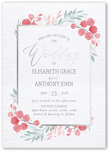 Brushed Botanicals Wedding Invitation, Silver Foil, Pink, 5x7, Pearl Shimmer Cardstock, Square