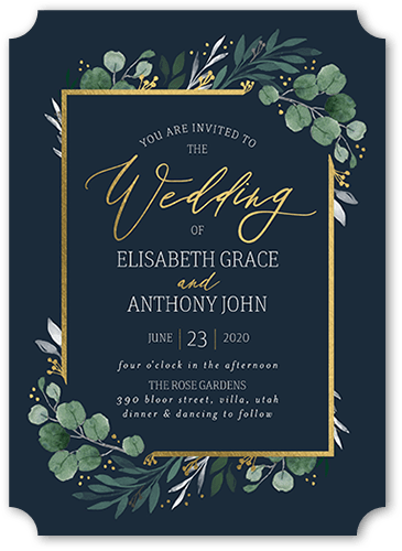 Brushed Botanicals Wedding Invitation, Grey, Gold Foil, 5x7, Pearl Shimmer Cardstock, Ticket