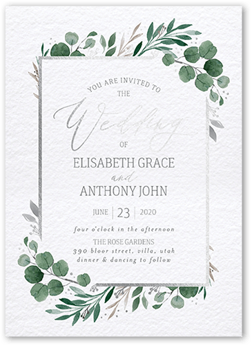 Brushed Botanicals Wedding Invitation, White, Silver Foil, 5x7, Matte, Signature Smooth Cardstock, Square