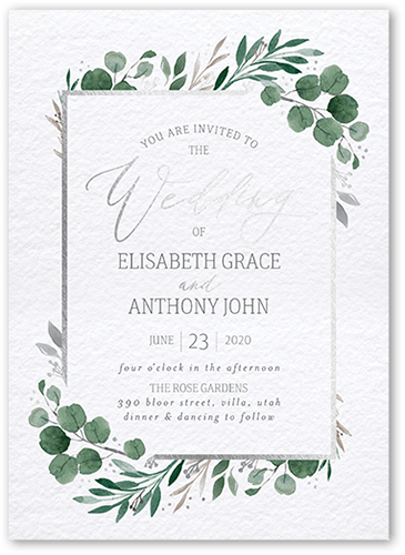 Brushed Botanicals Wedding Invitation, White, Silver Foil, 5x7 Flat, Pearl Shimmer Cardstock, Square