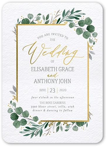 Brushed Botanicals Wedding Invitation, White, Gold Foil, 5x7, Matte, Signature Smooth Cardstock, Rounded