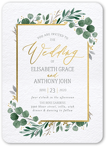 Brushed Botanicals Wedding Invitation, White, Gold Foil, 5x7 Flat, Matte, Signature Smooth Cardstock, Rounded