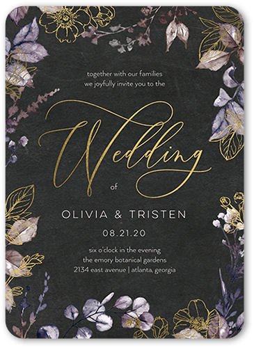 Gleaming Garden Wedding Invitation, Purple, Gold Foil, 5x7 Flat, Pearl Shimmer Cardstock, Rounded