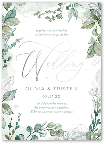 Gleaming Garden Wedding Invitation, Silver Foil, Green, 5x7, Luxe Double-Thick Cardstock, Square