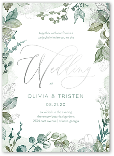 Gleaming Garden Wedding Invitation, Silver Foil, Green, 5x7 Flat, Pearl Shimmer Cardstock, Square