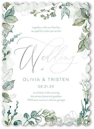 Gleaming Garden Wedding Invitation, Silver Foil, Green, 5x7 Flat, Matte, Signature Smooth Cardstock, Scallop