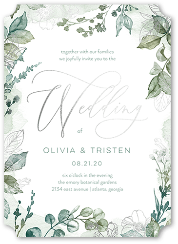 Gleaming Garden Wedding Invitation, Silver Foil, Green, 5x7, Pearl Shimmer Cardstock, Ticket