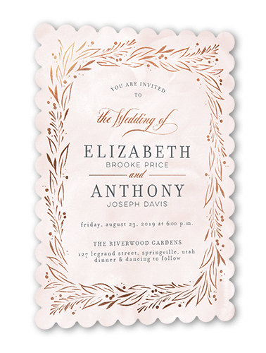 So Lovely Wedding Invitation, Pink, Rose Gold Foil, 5x7, Pearl Shimmer Cardstock, Scallop