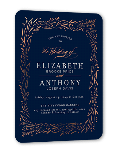 So Lovely Wedding Invitation, Blue, Rose Gold Foil, 5x7, Matte, Signature Smooth Cardstock, Rounded