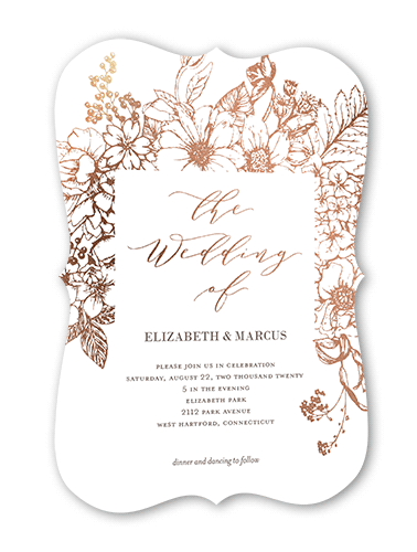 Flowers Abound Wedding Invitation, White, Rose Gold Foil, 5x7 Flat, Pearl Shimmer Cardstock, Bracket