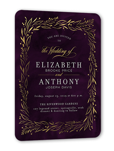 So Lovely Wedding Invitation, Purple, Gold Foil, 5x7 Flat, Pearl Shimmer Cardstock, Rounded
