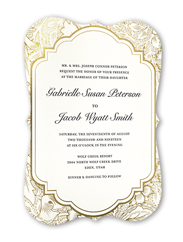 Ornate Petals Wedding Invitation, White, Gold Foil, 5x7 Flat, Matte, Signature Smooth Cardstock, Bracket