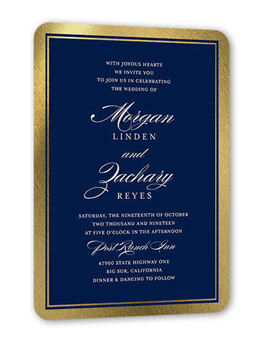 Remarkable Frame Classic Wedding Invitation, Blue, Gold Foil, 5x7 Flat, Pearl Shimmer Cardstock, Rounded