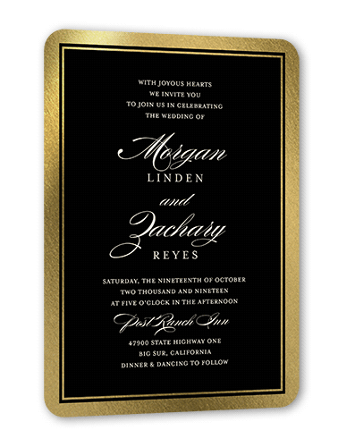 Remarkable Frame Classic Wedding Invitation, Black, Gold Foil, 5x7, Pearl Shimmer Cardstock, Rounded