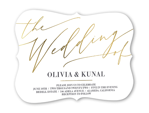 Exciting Script Wedding Invitation, White, Gold Foil, 5x7 Flat, Signature Smooth Cardstock, Bracket