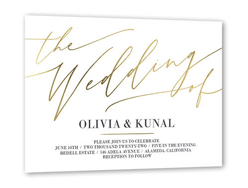 Exciting Script Wedding Invitation, White, Gold Foil, 5x7 Flat, Pearl Shimmer Cardstock, Square