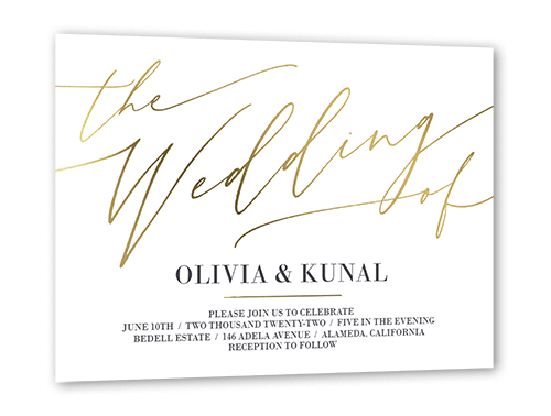 Exciting Script Wedding Invitation, White, Gold Foil, 5x7 Flat, Luxe Double-Thick Cardstock, Square, White
