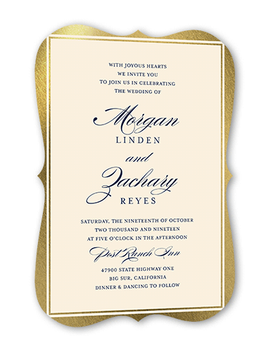 Remarkable Frame Classic Wedding Invitation, White, Gold Foil, 5x7 Flat, Pearl Shimmer Cardstock, Bracket