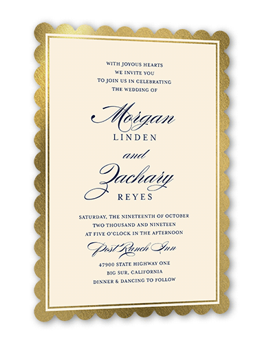 Remarkable Frame Classic Wedding Invitation, White, Gold Foil, 5x7, Pearl Shimmer Cardstock, Scallop