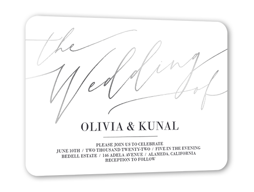 Exciting Script Wedding Invitation, White, Silver Foil, 5x7 Flat, Signature Smooth Cardstock, Rounded