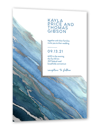 Marble Wave Wedding Invitation, Blue, Silver Foil, 5x7, Pearl Shimmer Cardstock, Square