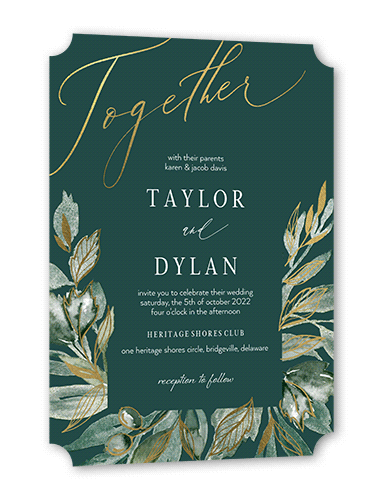 Artfully Adorned Wedding Invitation, Green, Gold Foil, 5x7, Pearl Shimmer Cardstock, Ticket