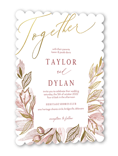 Artfully Adorned Wedding Invitation, Gold Foil, Pink, 5x7, Matte, Signature Smooth Cardstock, Scallop