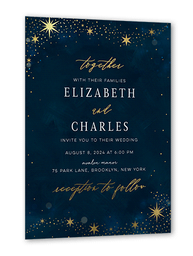 Bright Night Wedding Invitation, Blue, Gold Foil, 5x7, Pearl Shimmer Cardstock, Square