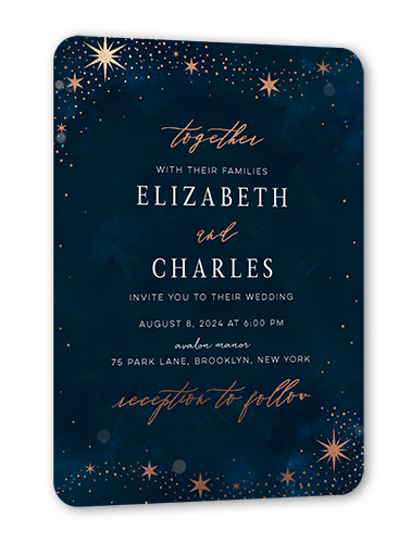 Bright Night Wedding Invitation, Rose Gold Foil, Blue, 5x7 Flat, Signature Smooth Cardstock, Rounded