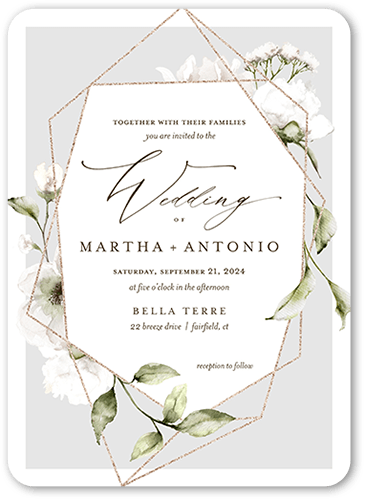 Light Floral Wedding Invitation, Grey, 5x7 Flat, Pearl Shimmer Cardstock, Rounded