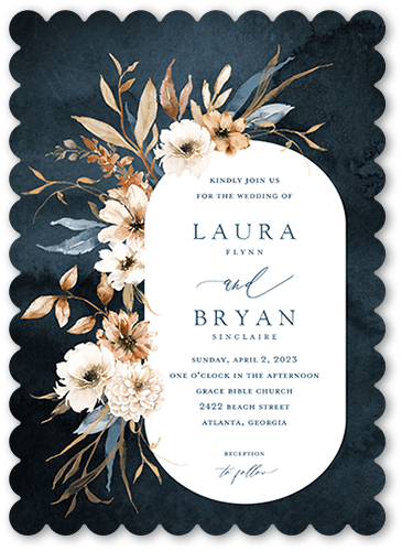 Wild Botanic Wedding Invitation, Blue, 5x7 Flat, Pearl Shimmer Cardstock, Scallop