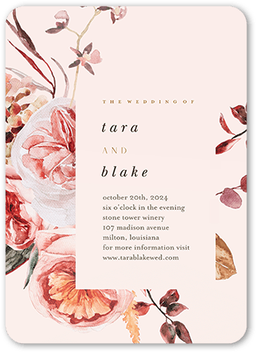Wild Blossom Wedding Invitation, Pink, 5x7, Pearl Shimmer Cardstock, Rounded
