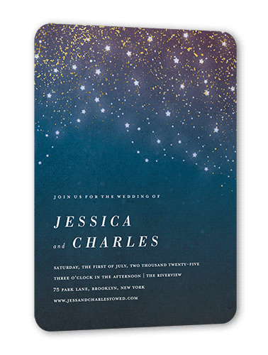 Star Cascade Wedding Invitation, Blue, Gold Foil, 5x7 Flat, Matte, Signature Smooth Cardstock, Rounded