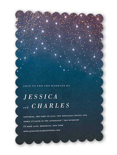 Star Cascade Wedding Invitation, Rose Gold Foil, Blue, 5x7, Matte, Signature Smooth Cardstock, Scallop