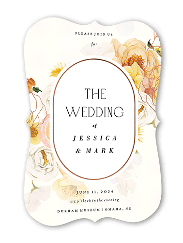 Warm Floral Wedding Invitation, Orange, Rose Gold Foil, 5x7 Flat, Pearl Shimmer Cardstock, Bracket