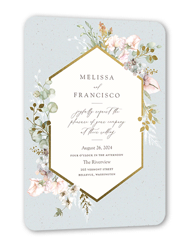 Enchanted Pastels Wedding Invitation, Grey, Gold Foil, 5x7 Flat, Matte, Signature Smooth Cardstock, Rounded, Air