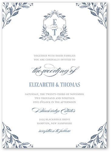 Classic Herald Wedding Invitation, Blue, 5x7, Pearl Shimmer Cardstock, Square