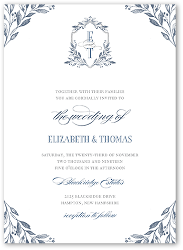 Classic Herald Wedding Invitation, Blue, 5x7 Flat, Luxe Double-Thick Cardstock, Square