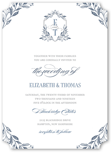 Classic Herald Wedding Invitation, Blue, 5x7, Matte, Signature Smooth Cardstock, Ticket