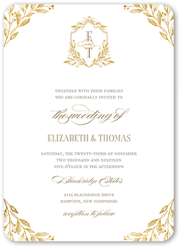Classic Herald Wedding Invitation, Yellow, 5x7 Flat, Standard Smooth Cardstock, Rounded