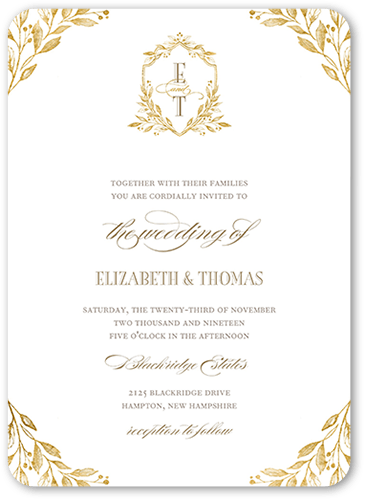 Classic Herald Wedding Invitation, Yellow, 5x7 Flat, Pearl Shimmer Cardstock, Rounded, Dijon