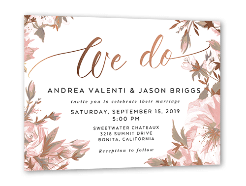 Crisp Petals Wedding Invitation, Grey, Rose Gold Foil, 5x7 Flat, Pearl Shimmer Cardstock, Square