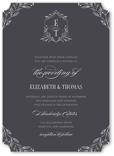 Classic Herald Wedding Invitation, Grey, 5x7 Flat, Pearl Shimmer Cardstock, Ticket