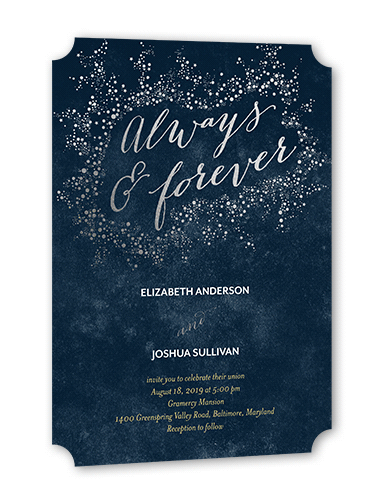 Dazzling Flare Wedding Invitation, Blue, Silver Foil, 5x7 Flat, Signature Smooth Cardstock, Ticket